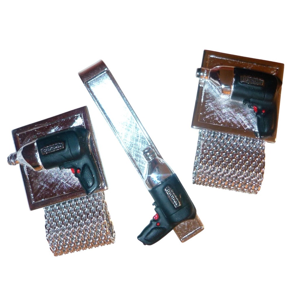 Vintage Craftsman Power Drill Cufflinks and Tie Clip Set Swank Mesh Wrap